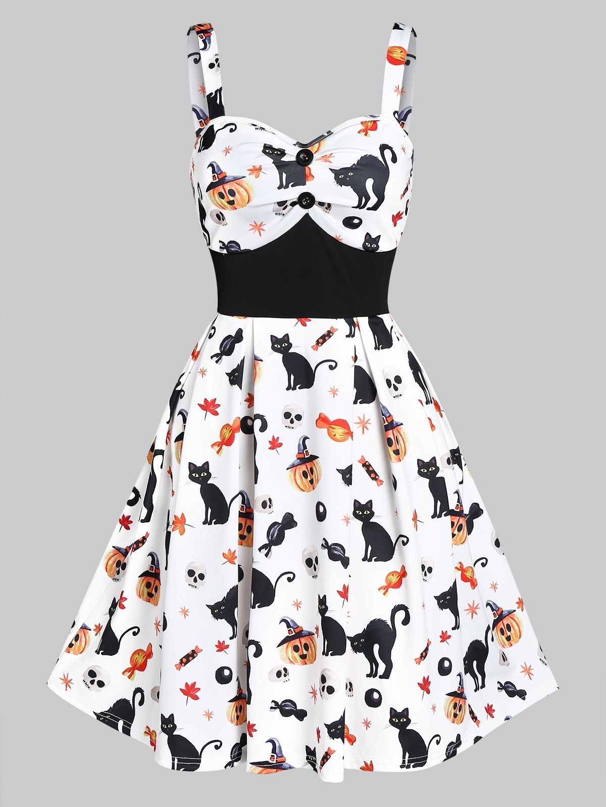 Sweetheart Neck Cat Pumpkin Print Fit And Flare Halloween Dress