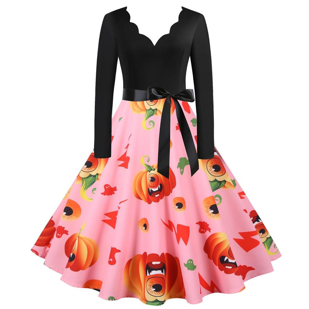 Women Halloween Dress Long Sleeves Vintage A-line Design with Belt