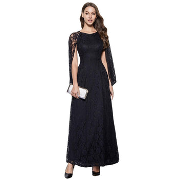 Elegant Round Collar Flare Sleeve Lace Sash Waist Black Maxi Party Dress for Women