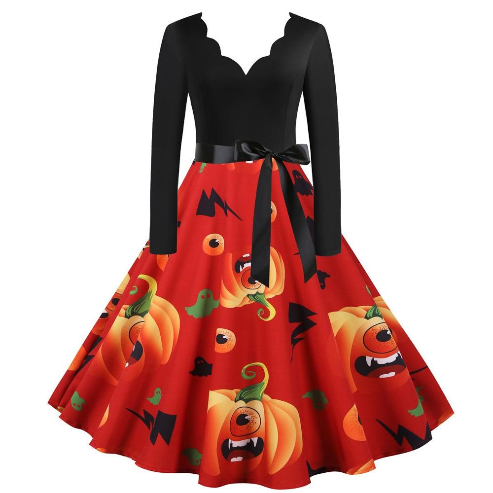 Women Halloween Dress Long Sleeves Vintage A-line Design with Belt