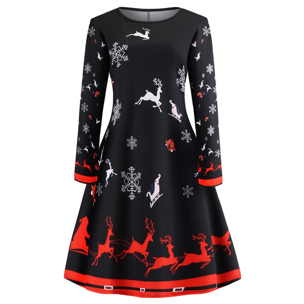 Round Collar Long Sleeves Christmas Elk Snowflake Print Dress