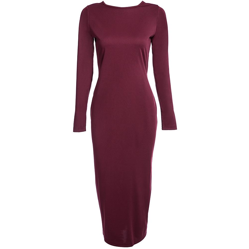 Simple Round Collar Long SLeeve Zipper Design Skinny Midi Dress for Women