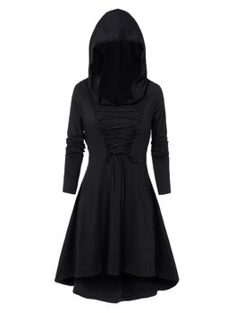 Hooded Lace-up Heathered High Low Gothic Dress