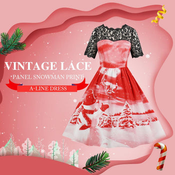 Vintage Lace Panel Snowman Print A-line Dress Christmas Series