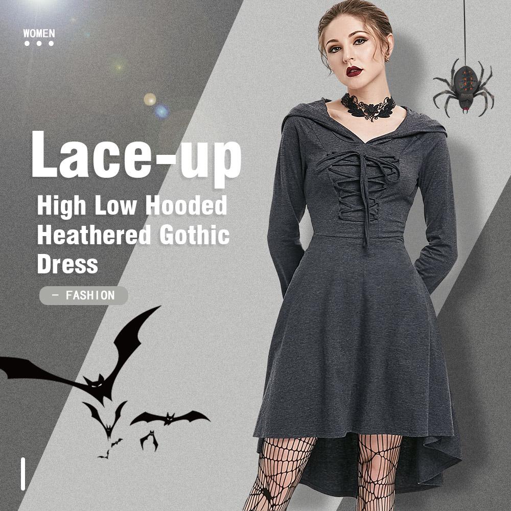 Hooded Lace-up Heathered High Low Gothic Dress