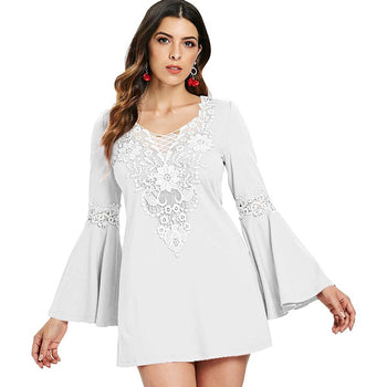 Crochet Front Flare Sleeve Short Dress