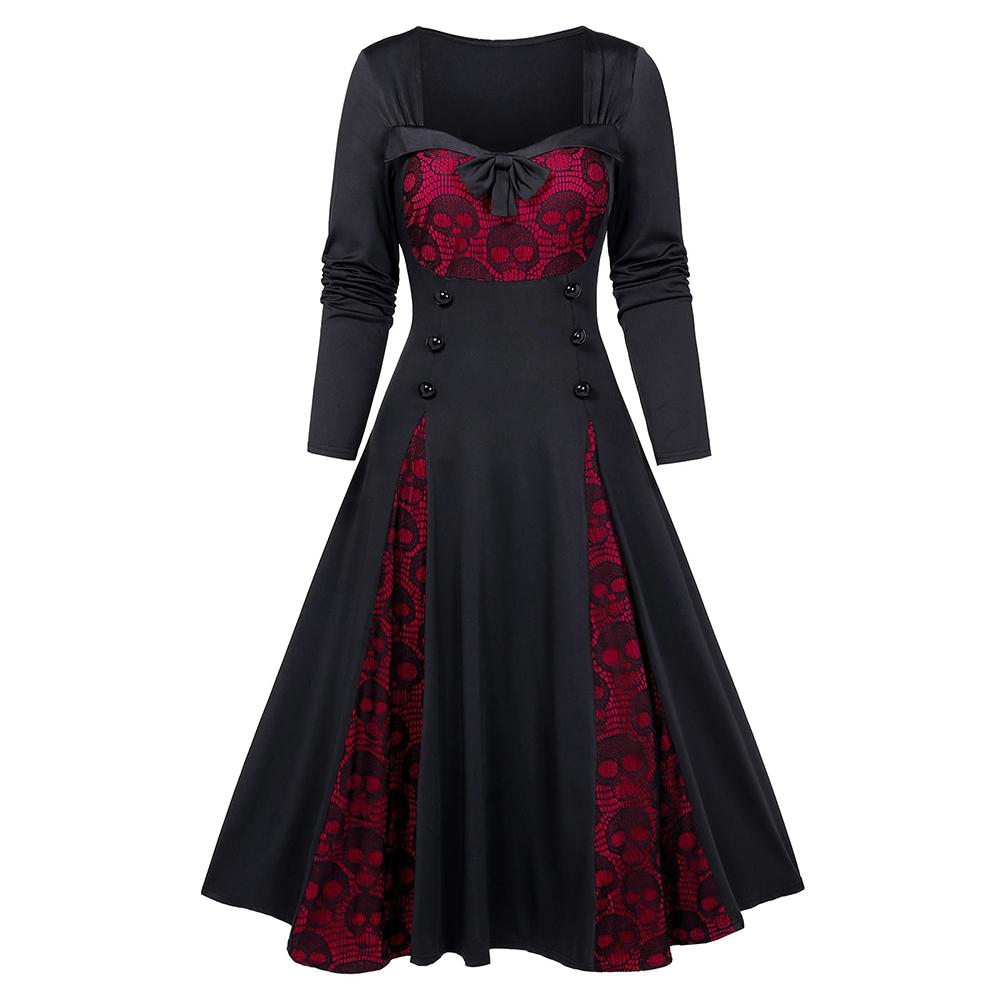 Halloween Skull Lace Insert Long Sleeve Mock Button Dress