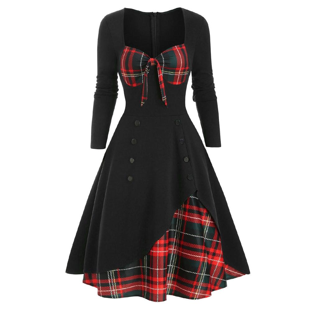 Plaid Button Embellished Bowknot Sweetheart Dress for Women