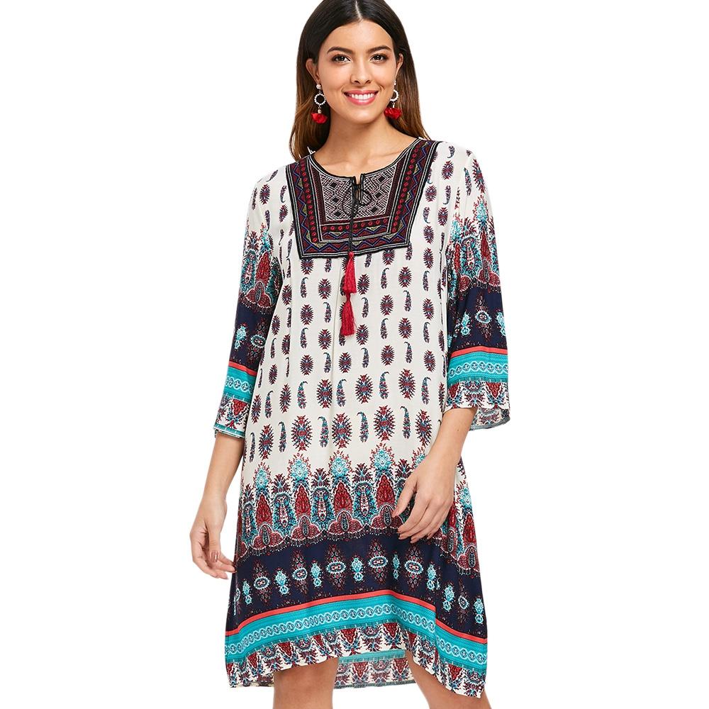 Printed Fringe Drawstring Bohemian Dress