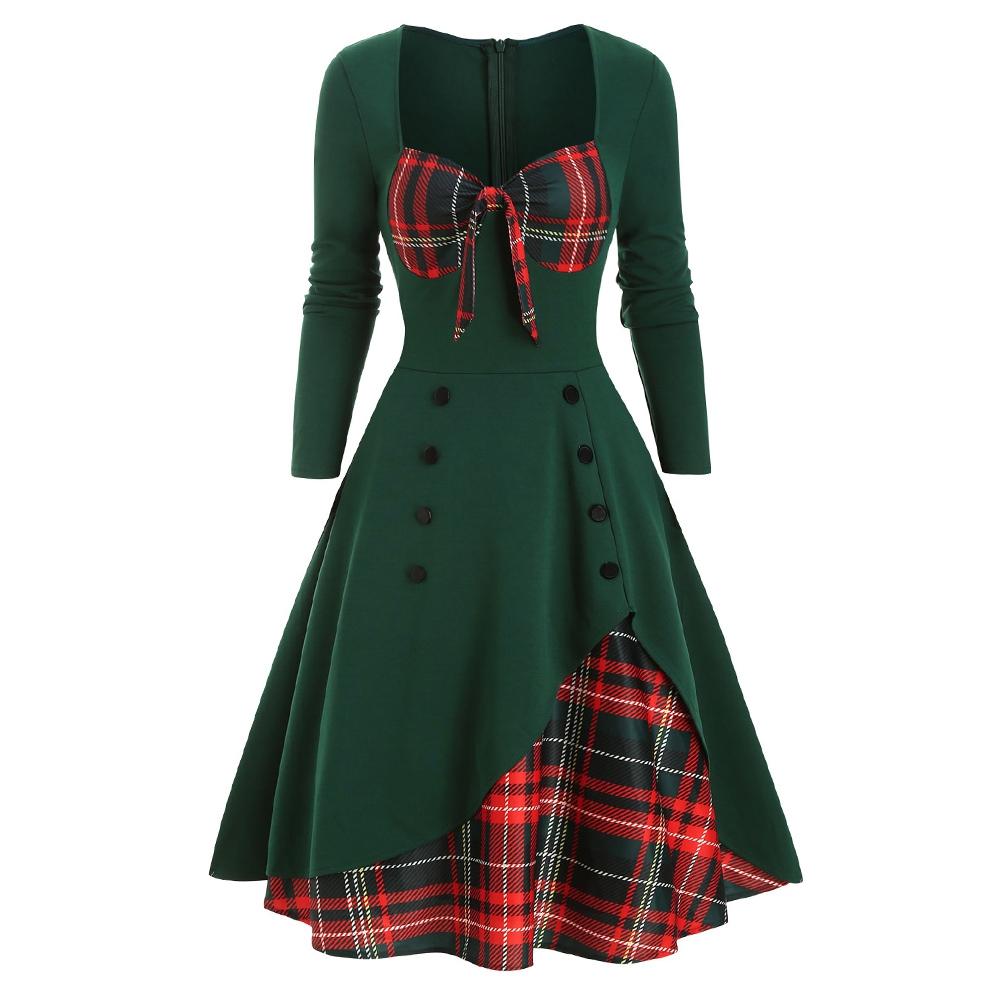 Plaid Button Embellished Bowknot Sweetheart Dress for Women