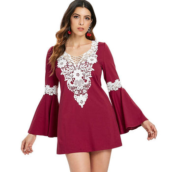 Crochet Front Flare Sleeve Short Dress