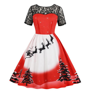 Women Christmas Dress Lace Stitching Short Sleeves Vintage A-line Design