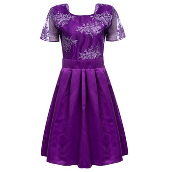 Women Elegant Round Collar Backless Embroidery A-Line Midi Party Dress