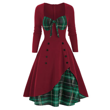 Plaid Button Embellished Bowknot Sweetheart Dress for Women