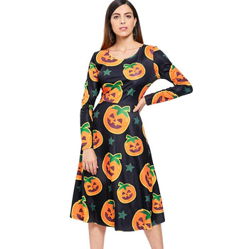 Halloween Pumpkin Print Midi Swing Dress