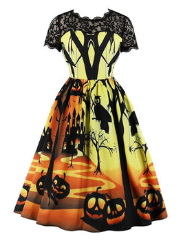 Halloween Pumpkin Spider Print Lace Panel Vintage Dress