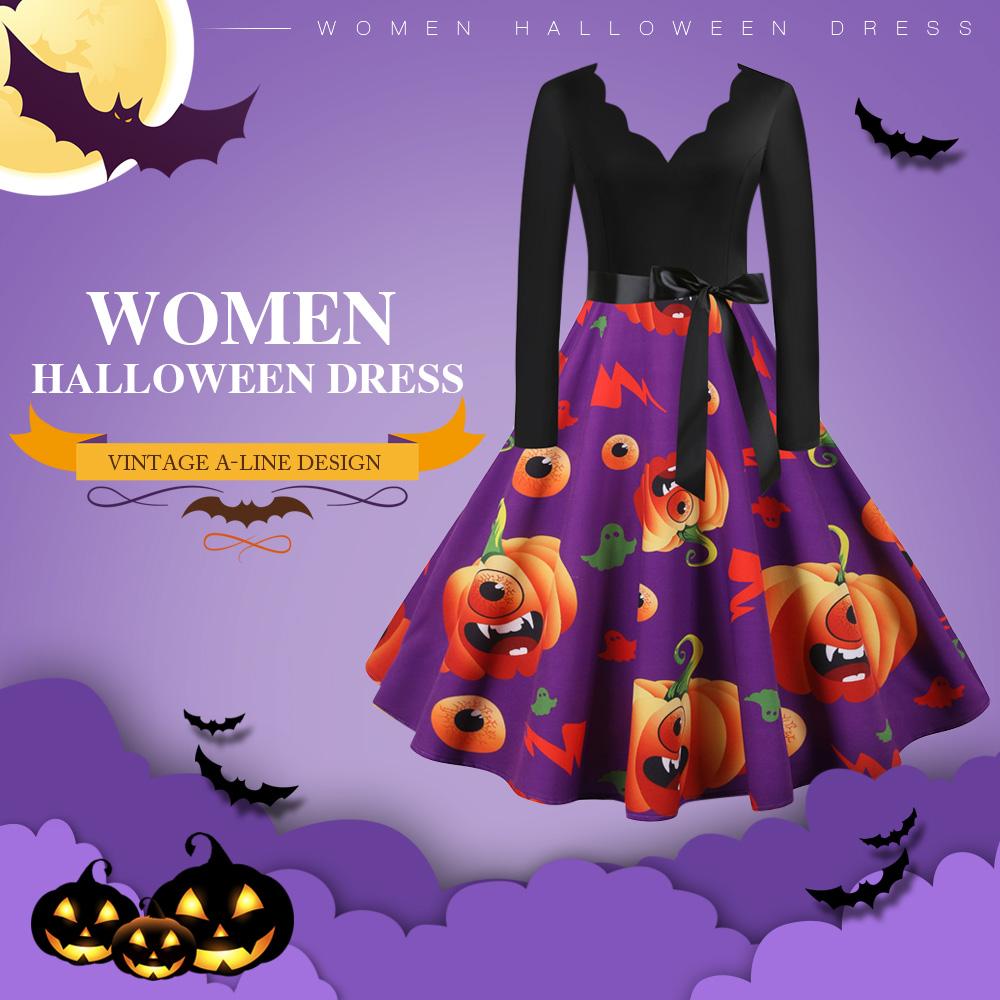 Women Halloween Dress Long Sleeves Vintage A-line Design with Belt