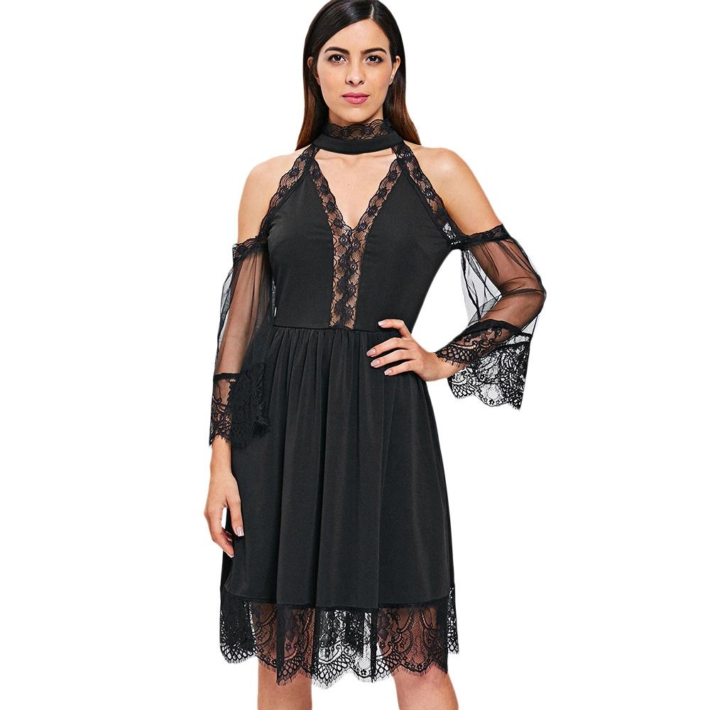 Cold Shoulder Lace Insert Midi Choker Dress