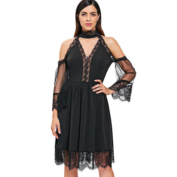 Cold Shoulder Lace Insert Midi Choker Dress