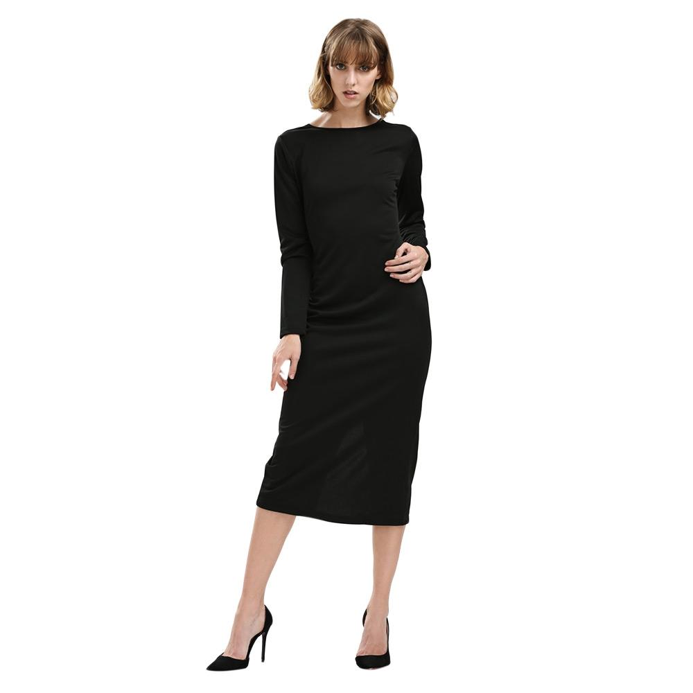 Simple Round Collar Long SLeeve Zipper Design Skinny Midi Dress for Women