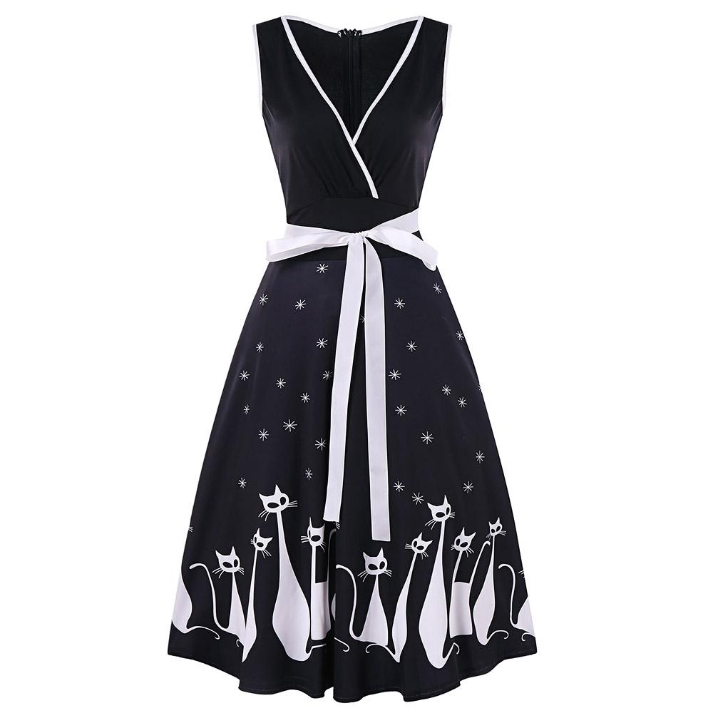 V Neck Cat Print Midi Surplice Dress