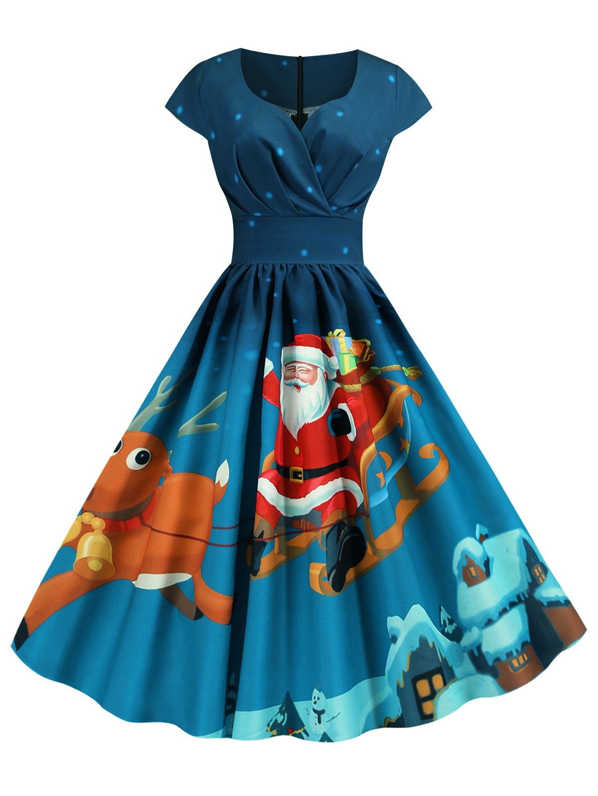 Pleated Christmas Santa Claus Elk Snowman Print Surplice Dress