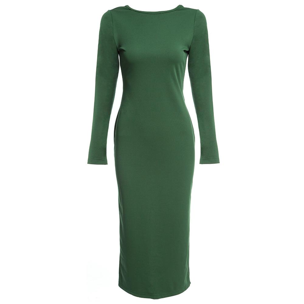 Simple Round Collar Long SLeeve Zipper Design Skinny Midi Dress for Women