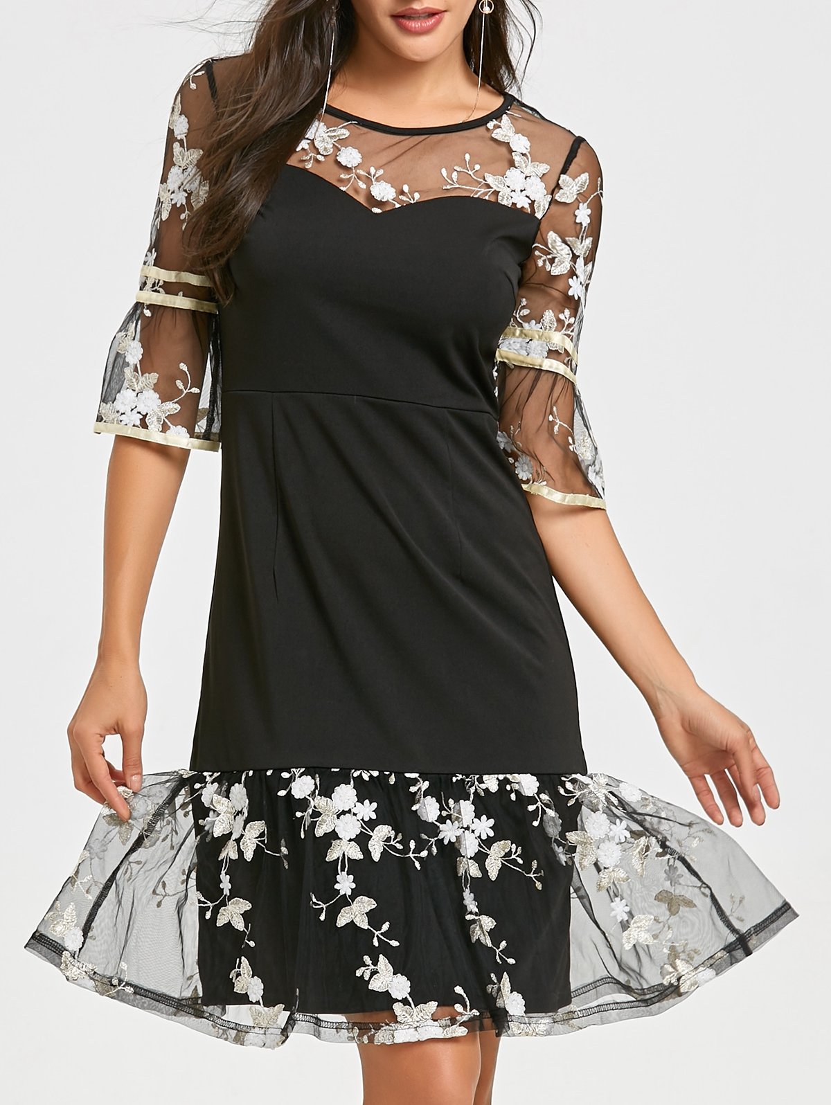 Mesh Panel Flounce Embroidery Dress