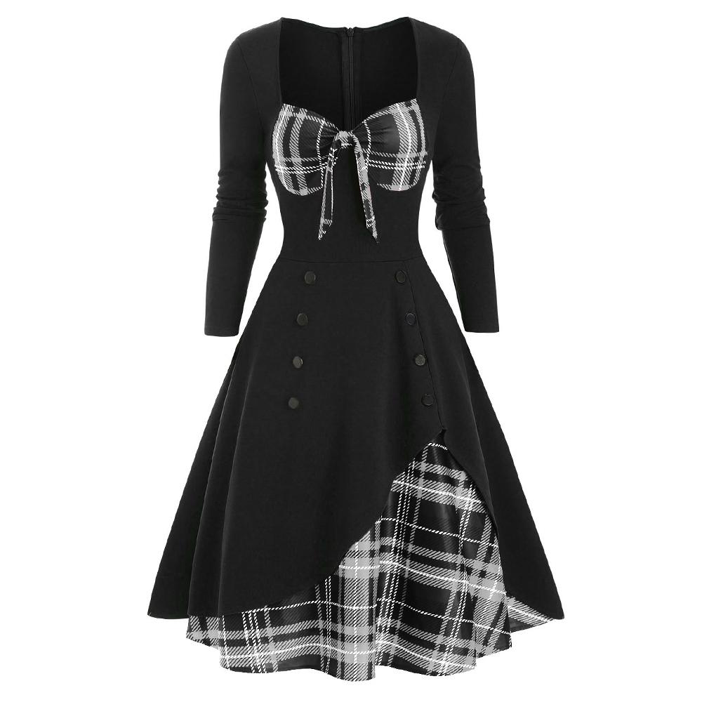 Plaid Button Embellished Bowknot Sweetheart Dress for Women