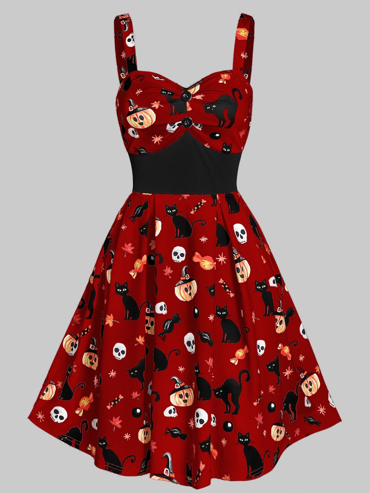 Sweetheart Neck Cat Pumpkin Print Fit And Flare Halloween Dress