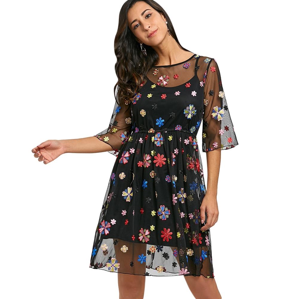 Embroidery Floral Sheer Dress with Cami Dress