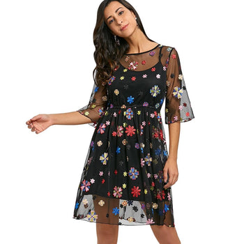 Embroidery Floral Sheer Dress with Cami Dress