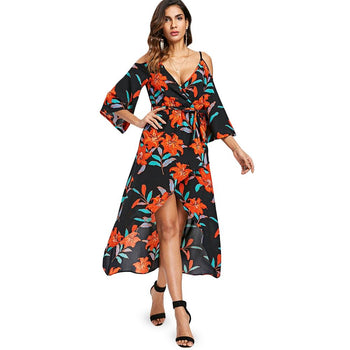 Plunge Cold Shoulder Floral Dress