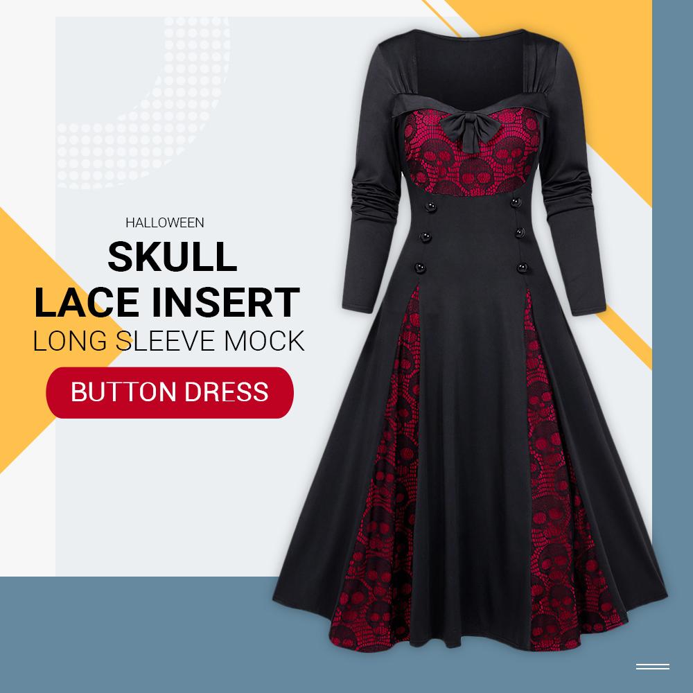 Halloween Skull Lace Insert Long Sleeve Mock Button Dress