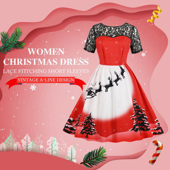 Women Christmas Dress Lace Stitching Short Sleeves Vintage A-line Design