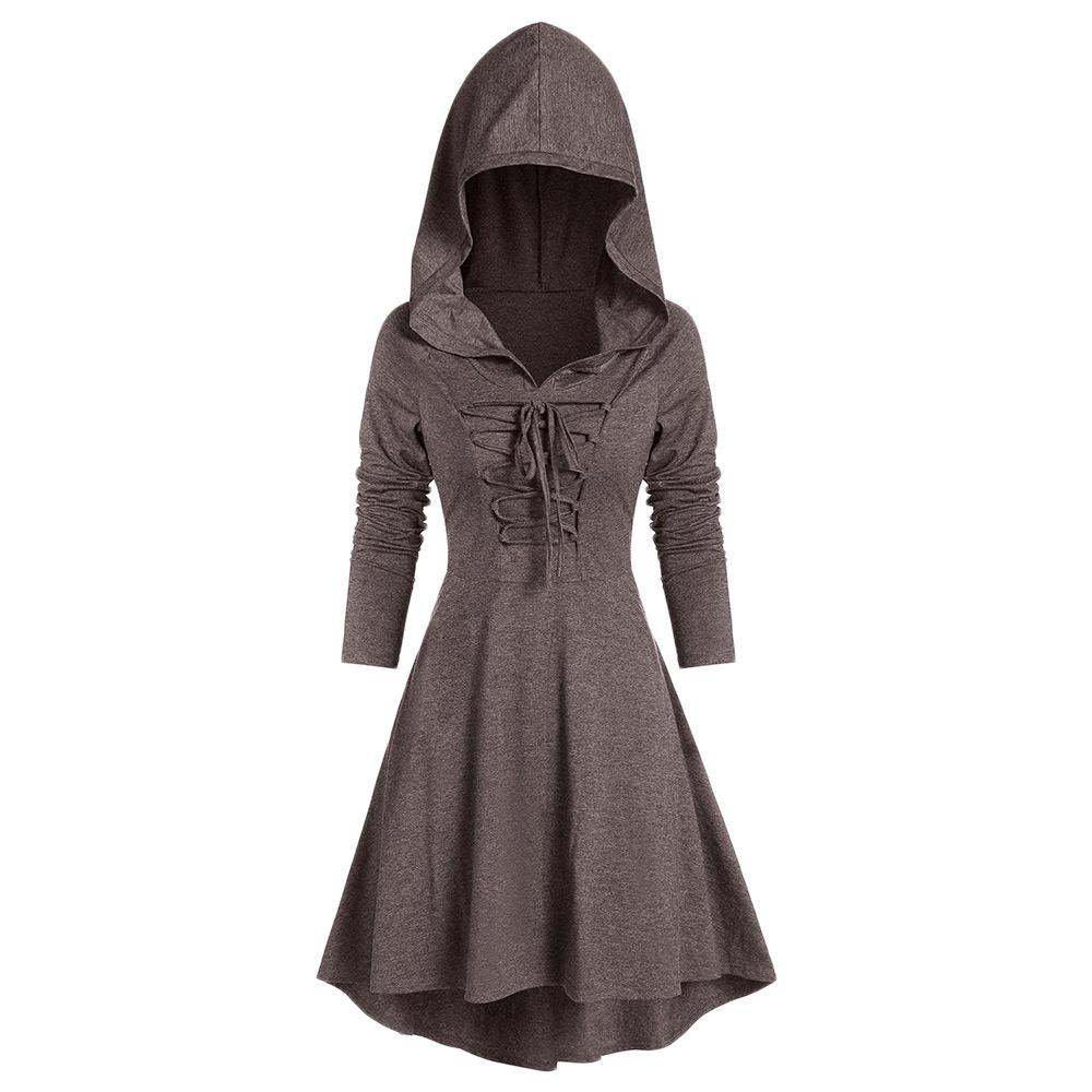 Hooded Lace-up Heathered High Low Gothic Dress