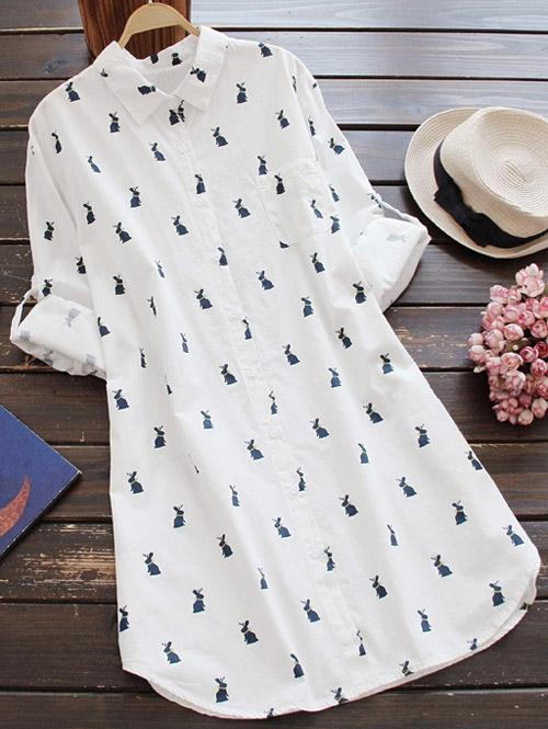 Casual Long Sleeve Rabbit Print Tunic Shirt