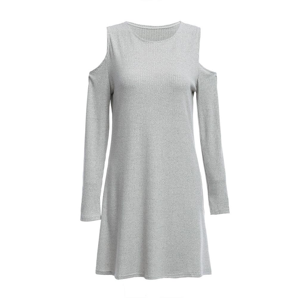 Fashion Round Neck Cut Out Pure Color Sheath Knitted Dress for Ladies