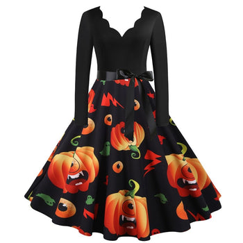 Women Halloween Dress Long Sleeves Vintage A-line Design with Belt