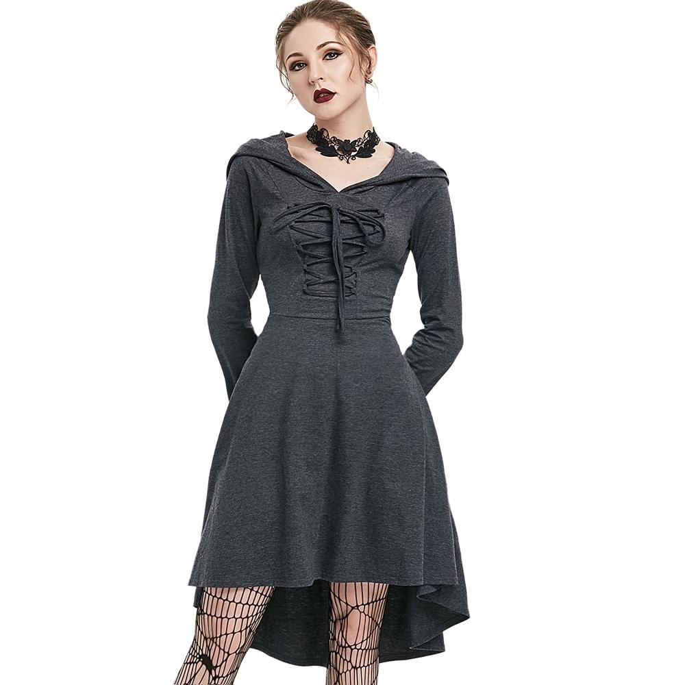 Hooded Lace-up Heathered High Low Gothic Dress