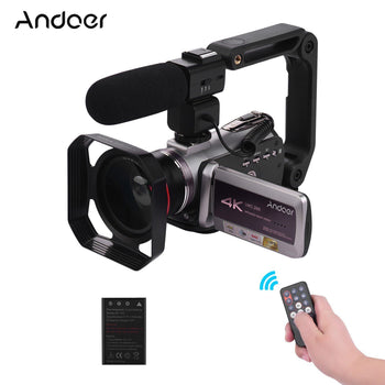 Andoer HDV-AZ50 Portable Real 4K 30FPS WiFi Digital Video Camera Camcorder 3.1 Inch IPS Touchscreen 64X Digital Zoom IR Night Vision Camcorder with Camera Battery 0.39X Super Wide Angle Lens CM-520 External Stereo Microphone Lens Hood HC-1 Camera Holder