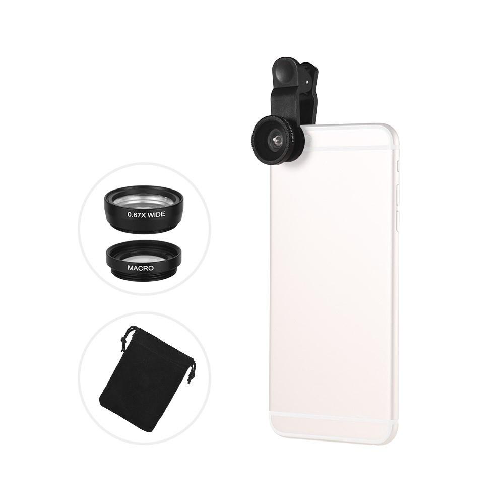 Universal Clip Lens Kit 180° Mobile Phone Fisheye Lens 0.67× Wide Angle Lens Macro Lens 3 in 1 with Clip for iPhone Samsung Huawei Smartphone Lens Mobile Photography Accessories