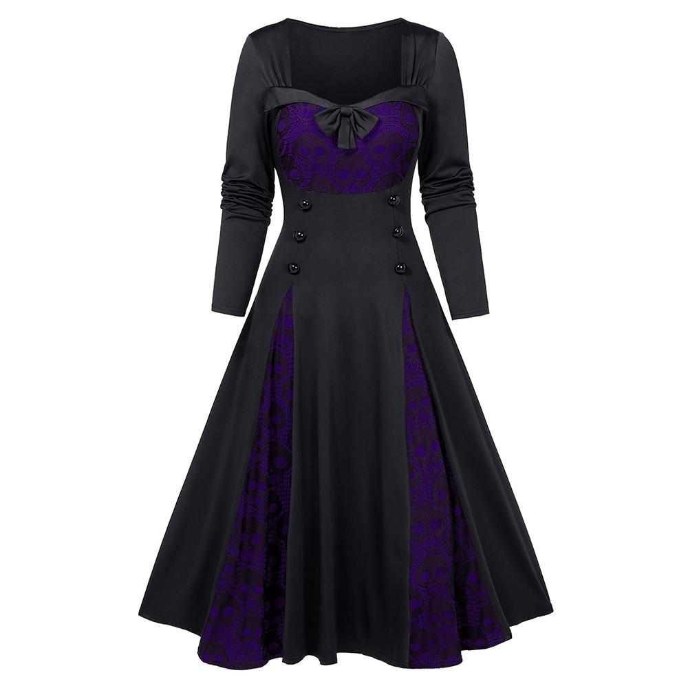 Halloween Skull Lace Insert Long Sleeve Mock Button Dress