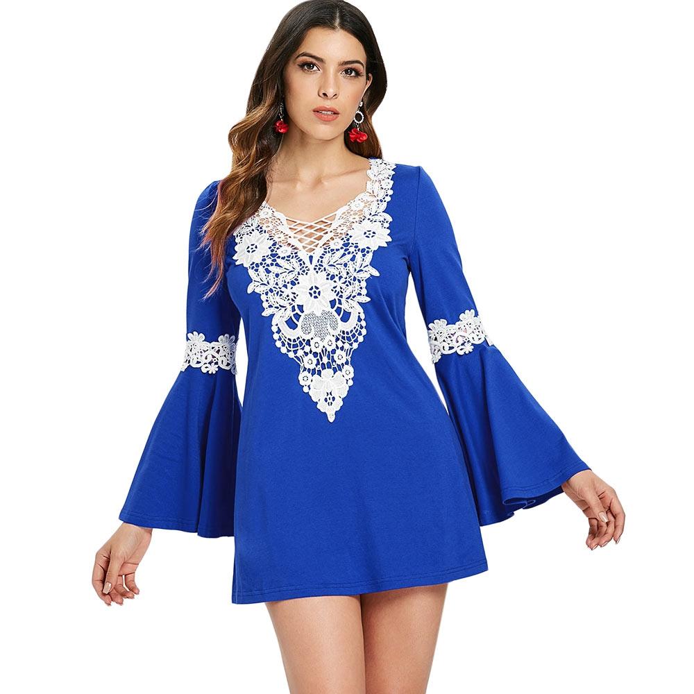 Crochet Front Flare Sleeve Short Dress