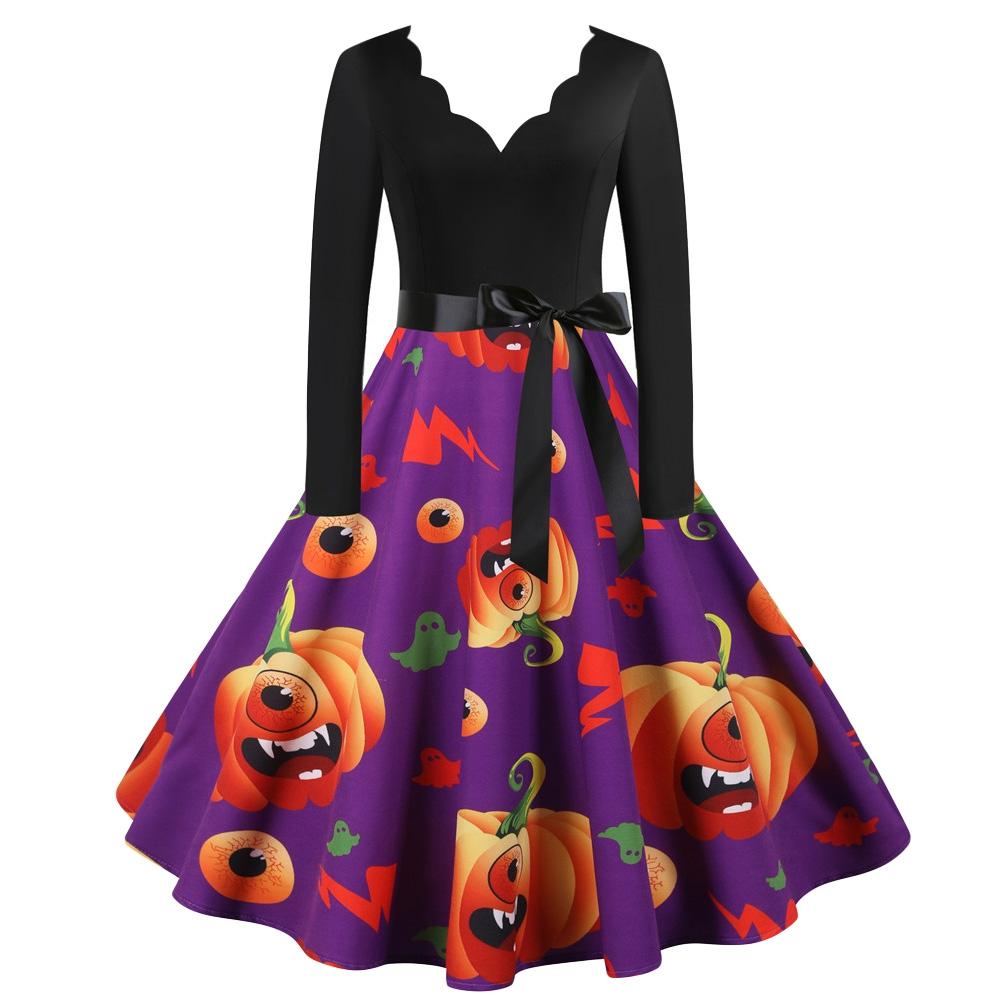 Women Halloween Dress Long Sleeves Vintage A-line Design with Belt