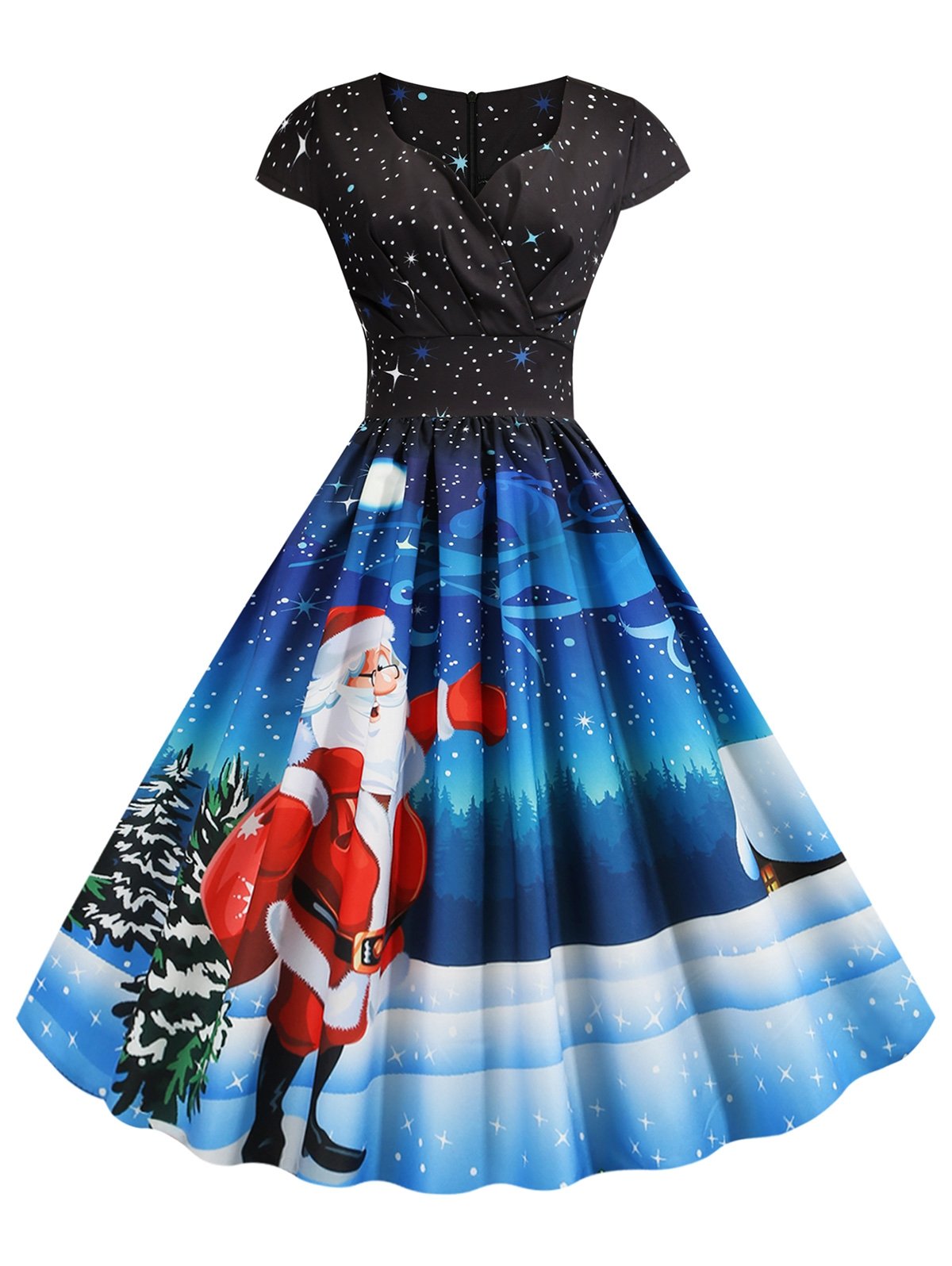 Pleated Christmas Santa Claus Elk Snowman Print Surplice Dress