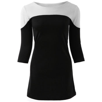 Three Quarter Sleeve Round Collar Color Block Women's Dress