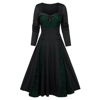 Halloween Skull Lace Insert Long Sleeve Mock Button Dress