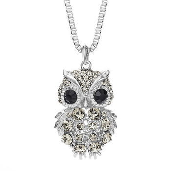 Retro Antique Alloy with Rhinestone Crystal Owl Long Necklace GD