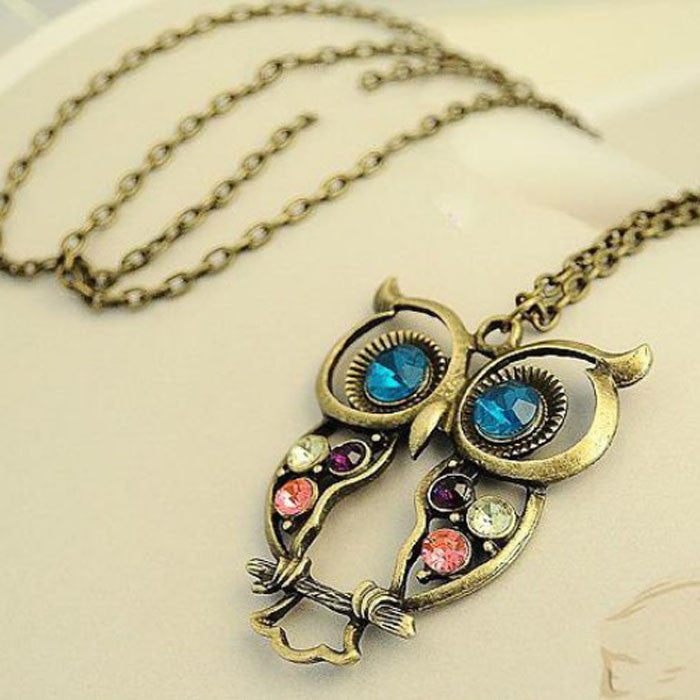 Lady Crystal Blue Eyed Owl Long Chain Pendant Sweater Coat Necklace